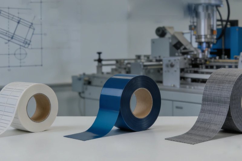 Adhesive tape and film rolls on a workbench in a converting laboratory