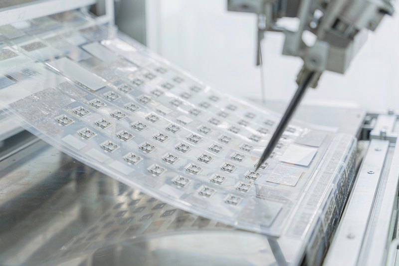 Die-cut electronic components carried on an antistatic release film web in a cleanroom