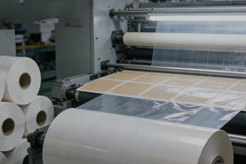 Release film and release liner rolls running through a converting line