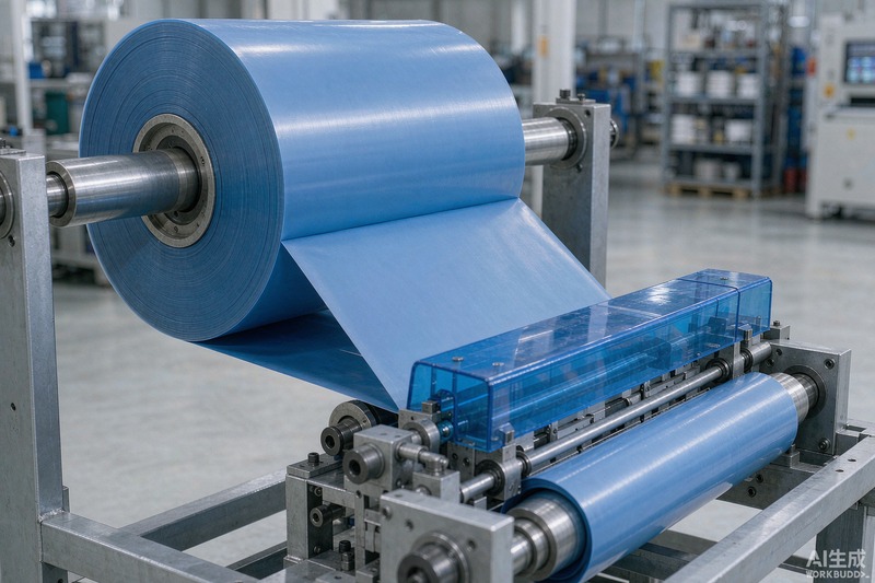 Roll of silicone release film being slit for EV battery adhesive converting