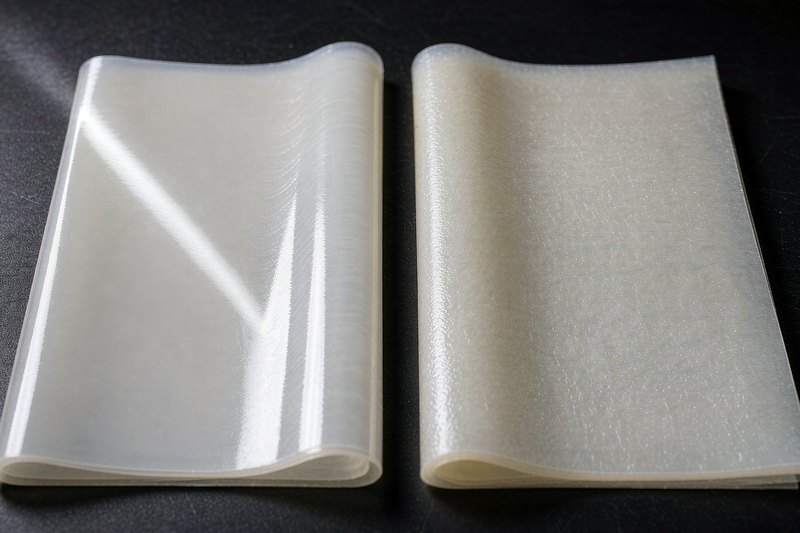 Glossy and matte silicone release film samples compared under raking light