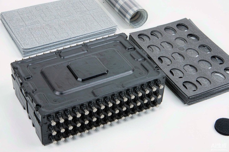 EV battery module with thermal interface pads and die-cut adhesive components