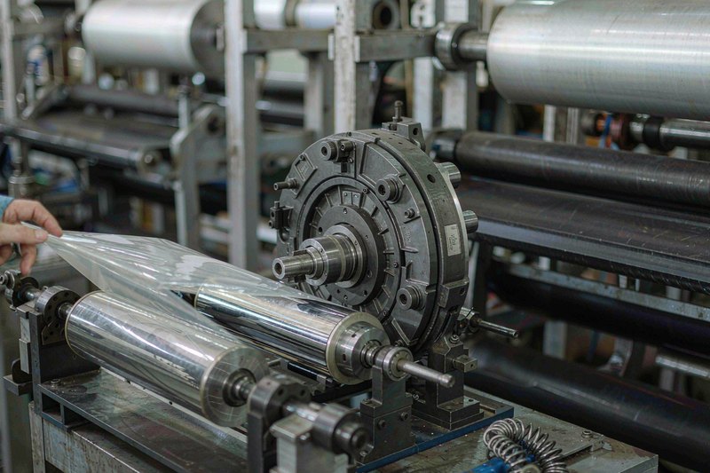 PET release film web passing through a rotary die-cutting and lamination line