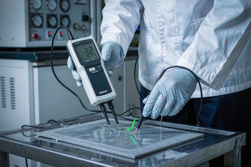 Surface resistance meter measuring an antistatic release film sample on a grounded bench